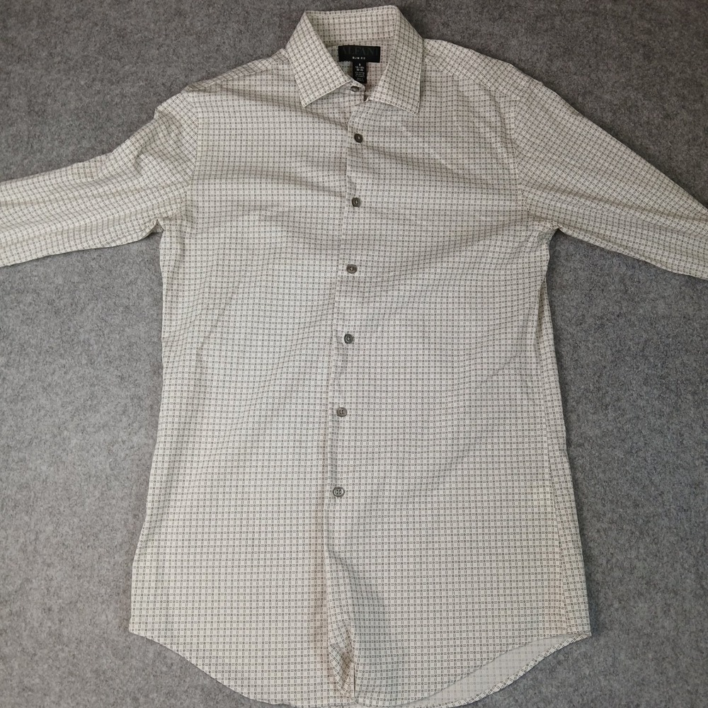 Alfani Button Down Mens S White Geometric‎ Slim Fit Long Sleeve 14-14.5 32-33